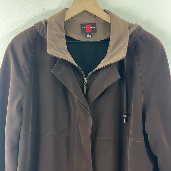 Gallery All Weather Brown Hooded Button Zip Trench Coat Womens Size L Classic - Picture 4 of 16